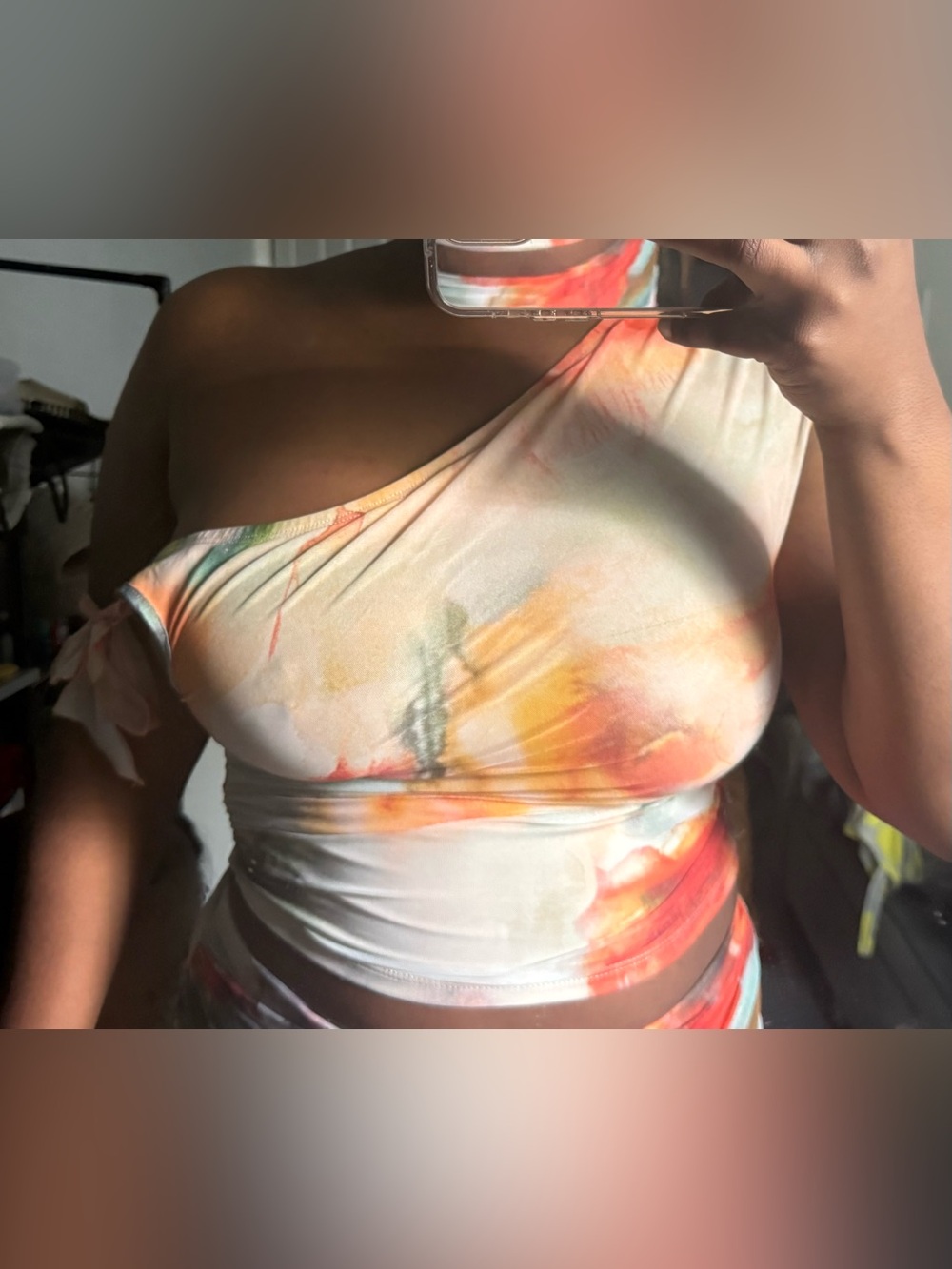 One-Shoulder Watercolor Print Crop Top - White with Orange & Yellow